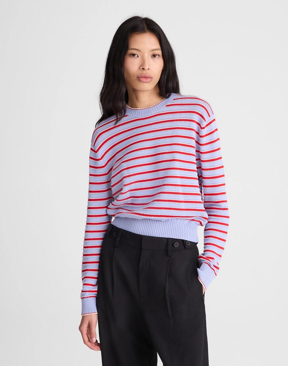 Madewell Textured-Stitch Crewneck Sweater Light Blue Trio Striped Size M NWT